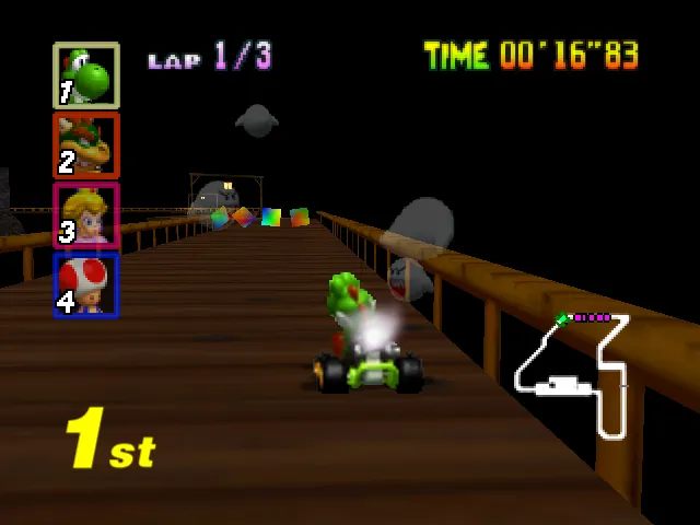 a screenshot of the banshee boardwalk course from mario kart 64
