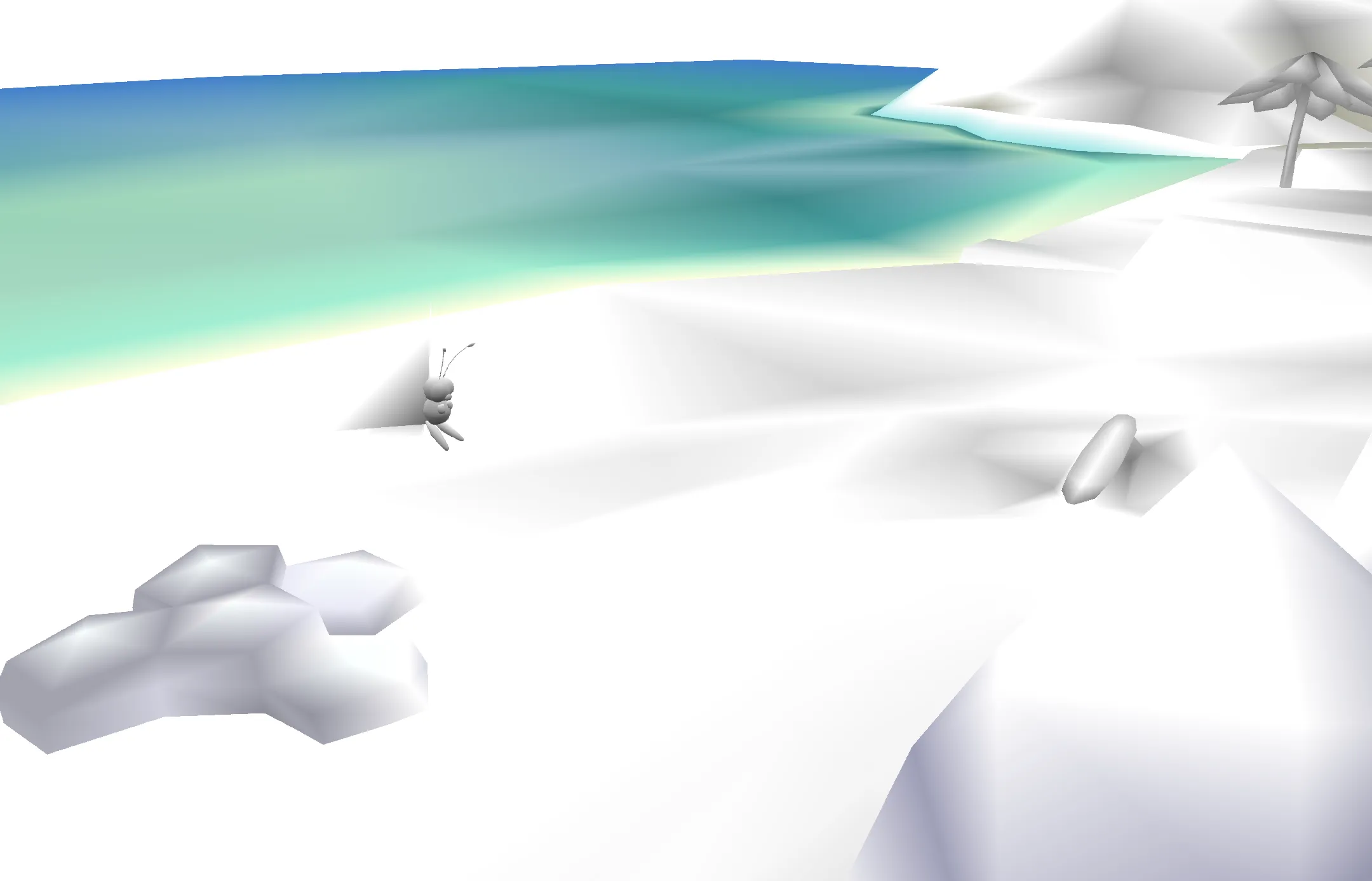 a screenshot of the beach location from pokemon snap with vertex coloring
enabled and textures disabled