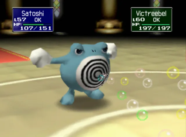 a screenshot of pokemon stadium showing poliwhirl using the move "bubble" with a shadow mesh beneath it